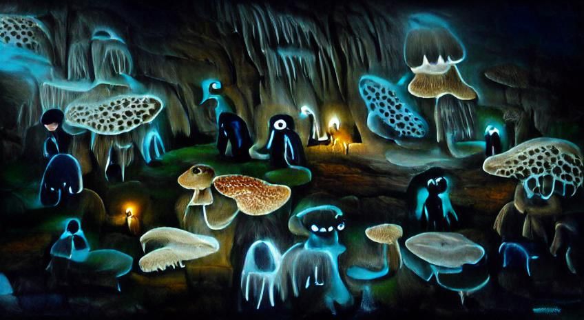 Forgotten Creatures in Bioluminescent Cave: Naive Art