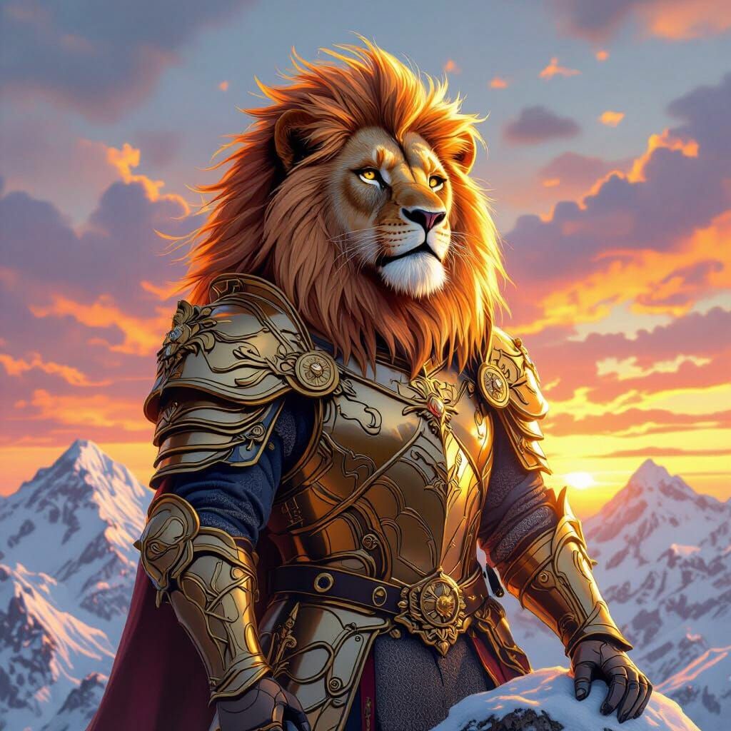 Golden Armored Lion on Snowy Peak in Art Nouveau Style