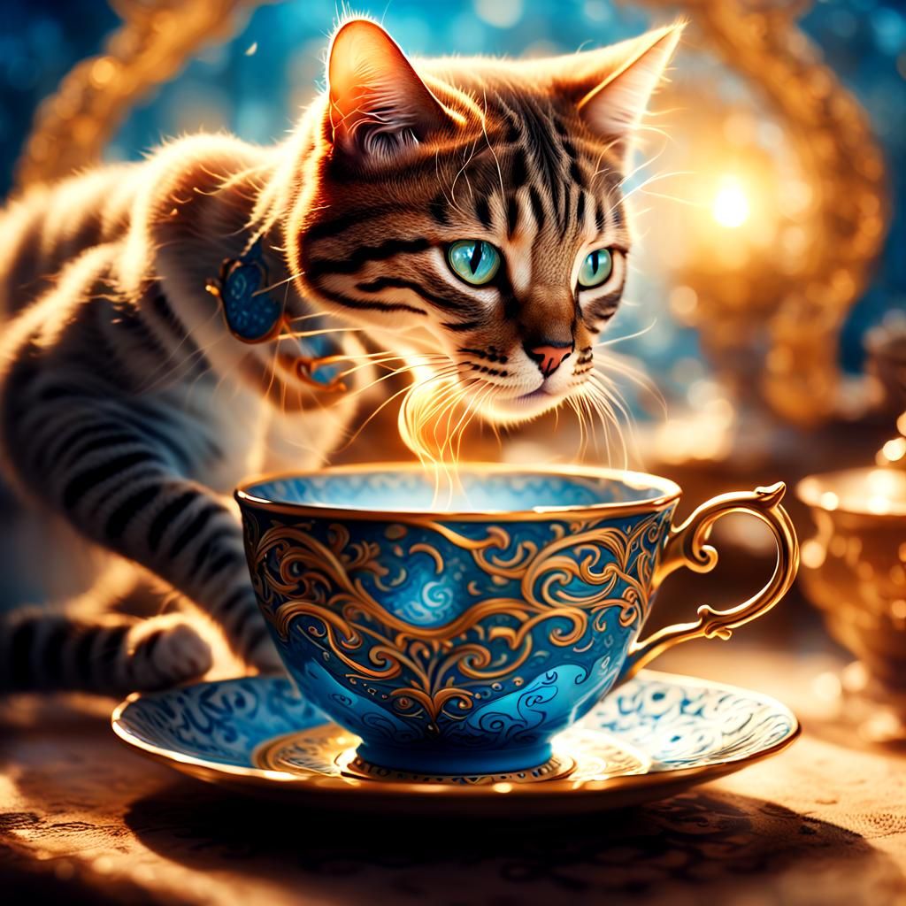 Cat Peers into Teacup: Art Nouveau Fantasy