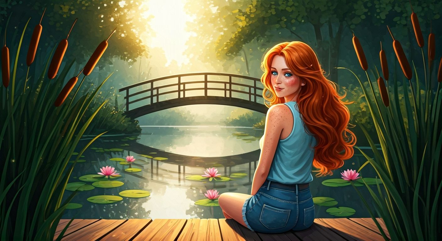 Young Woman on Dock with Fiery Red Hair