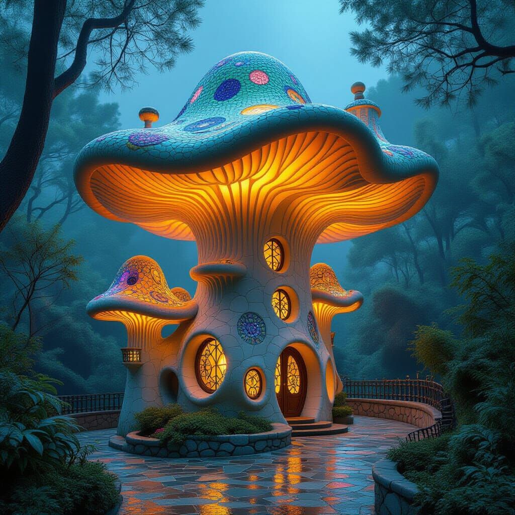Surreal Mushroom in Gaudí Architectural Style with Mosaic Ti...
