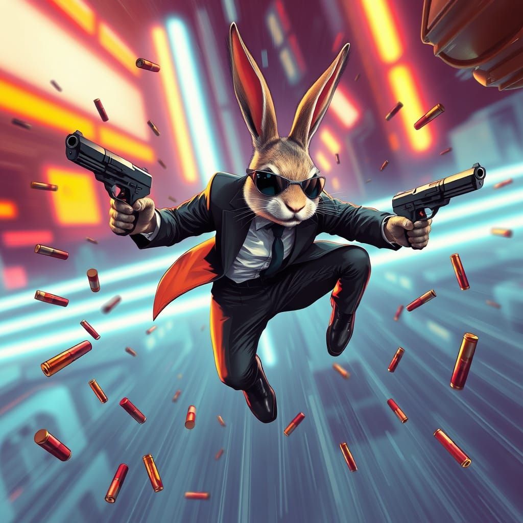 Rabbit Vigilante Leaping with Guns, in Cyberpunk Style