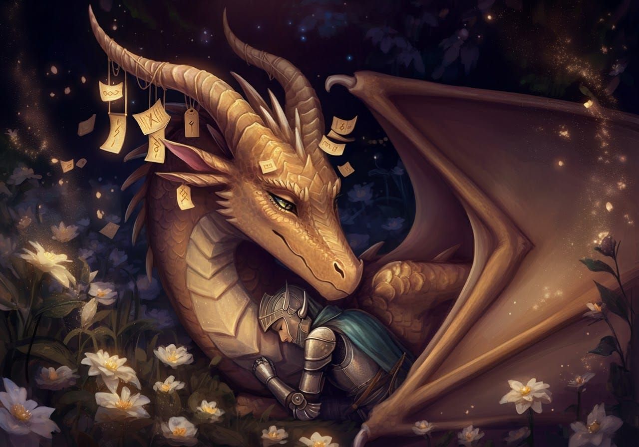 Majestic Dragon and Knight in Whimsical Moonlit Meadow