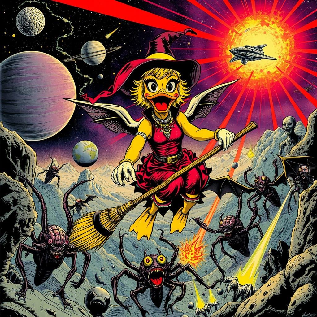 Toxic Linda Duck in Retro Sci-Fi Comic Cover