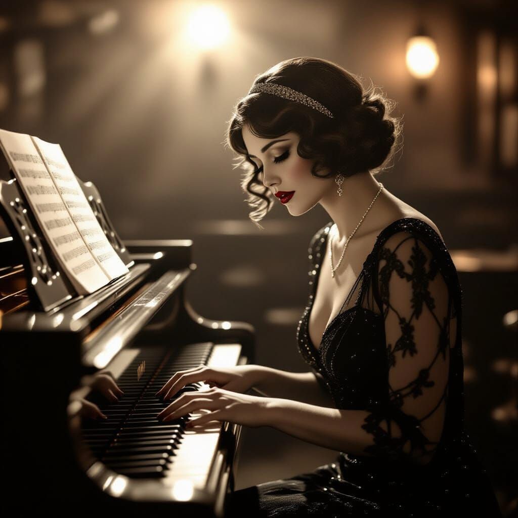 Sad Femme Fatale at Piano in Sepia Vintage Photograph