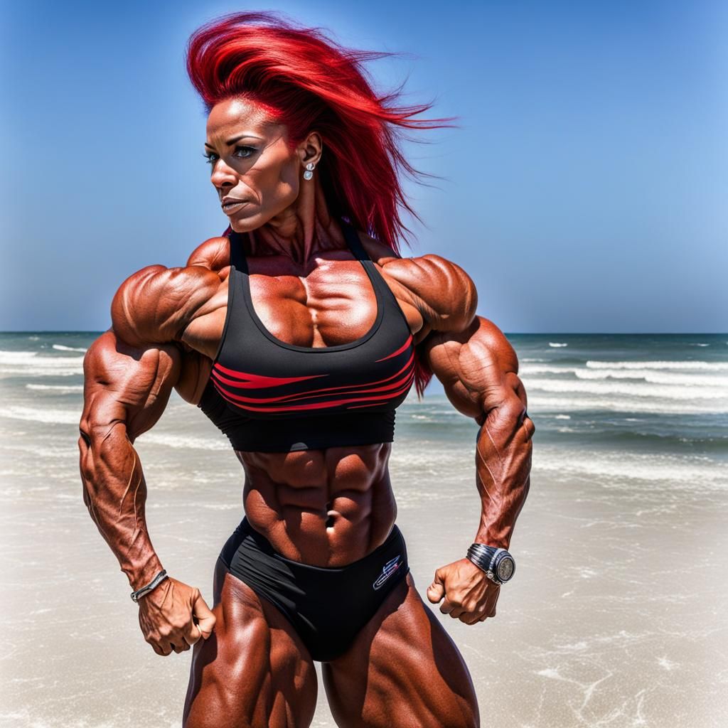 Female Bodybuilder Flexing on Beach