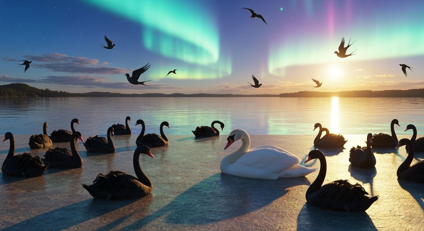 Cosmic Surreal Swan Ballet on Aurora Lake