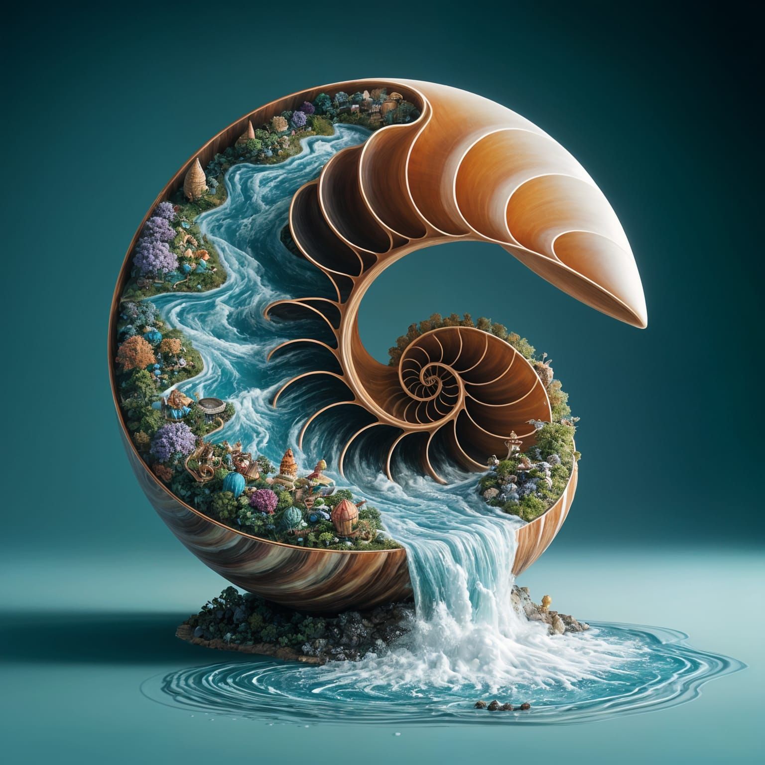 Whimsical Worlds Inside Nautilus Shell as 3D Illustration