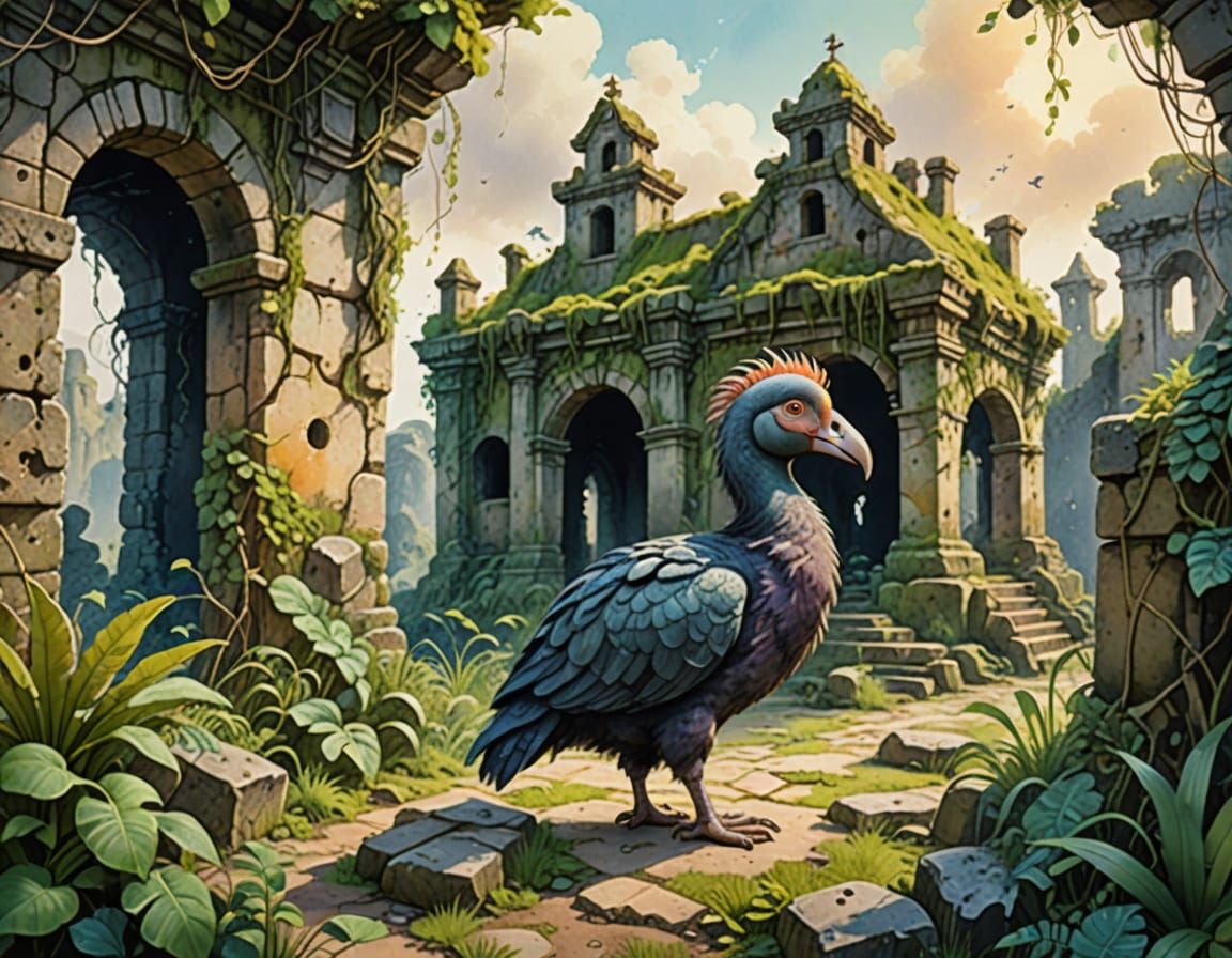 Dodo Bird in Overgrown Ruins: Watercolor Fantasy