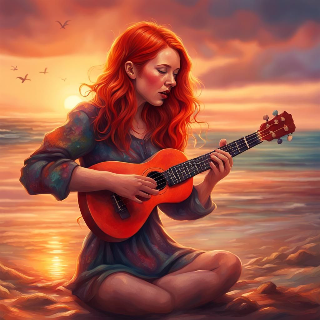 Red-Headed Woman Plays Ukulele at Sunset: Hyperrealistic Spl...