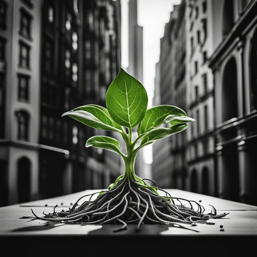 Green Plant Emerges From Monochromatic City