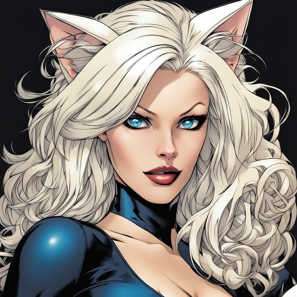 Platinum blonde hair, blue eyes, ressambling Felicia Hardy, ...