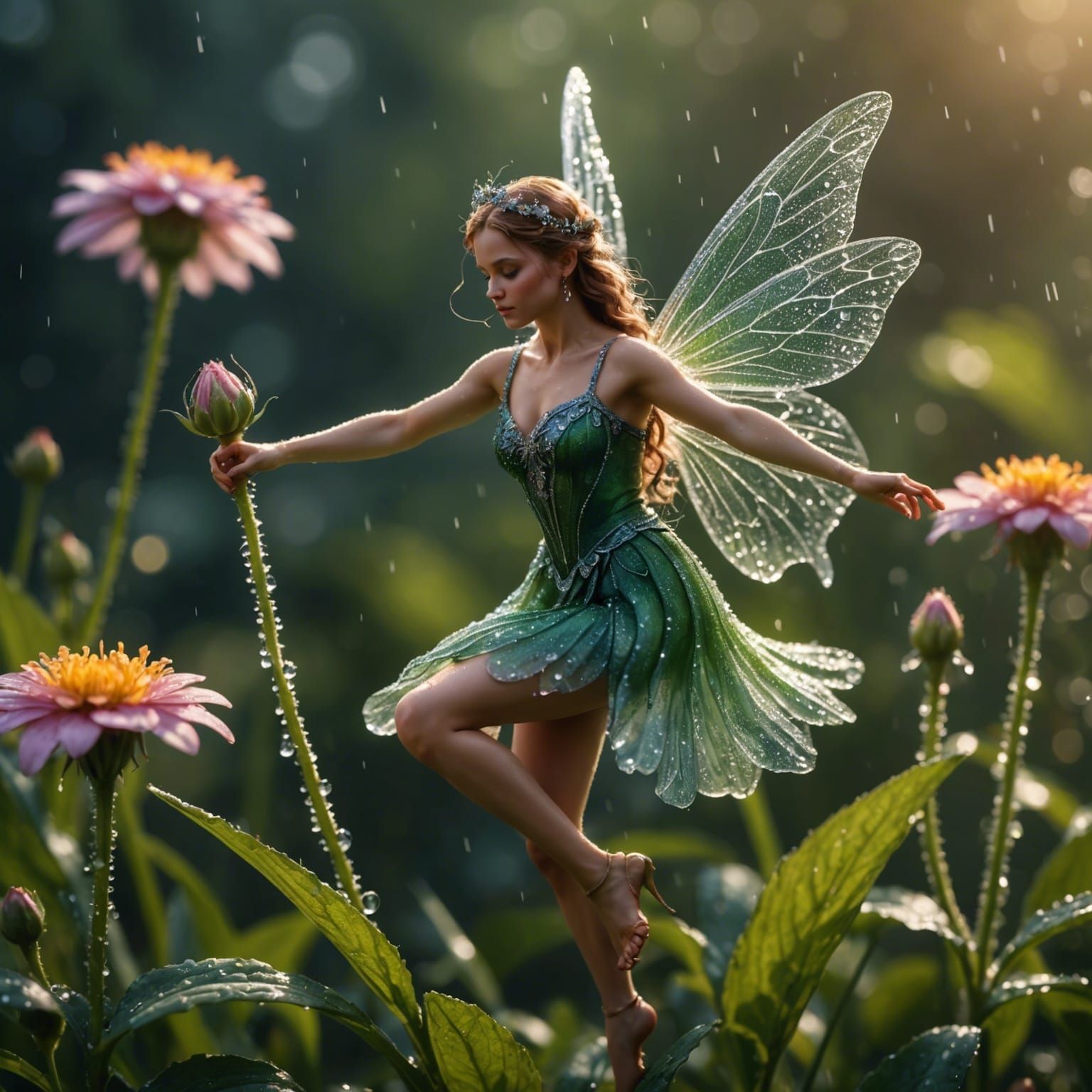 Fairy Dances on Dew Drops: 8k Realistic Photo