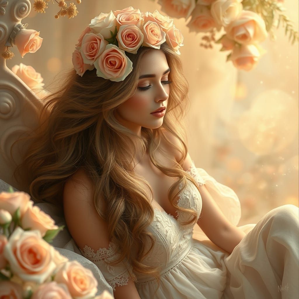 A dreamy portrait of a woman adorned with a crown of roses. ...