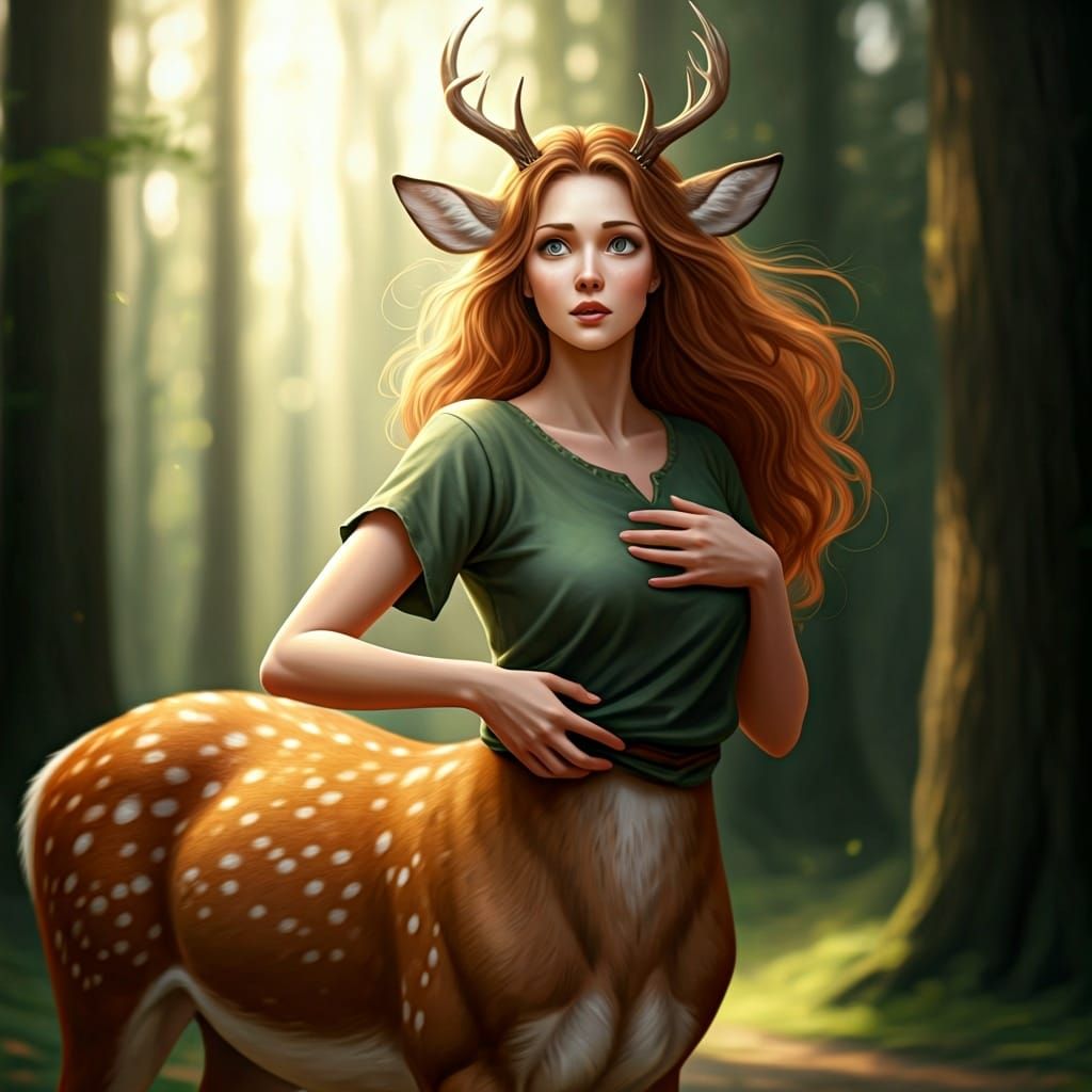 Female Deer Centaur Transformation in Woodland Glade