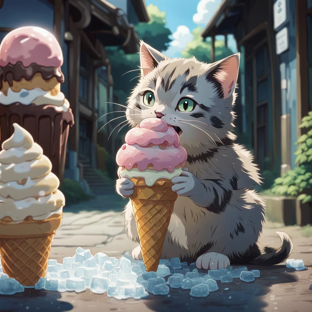 Small Cat Eats Giant Ice Cream, Ghibli Style