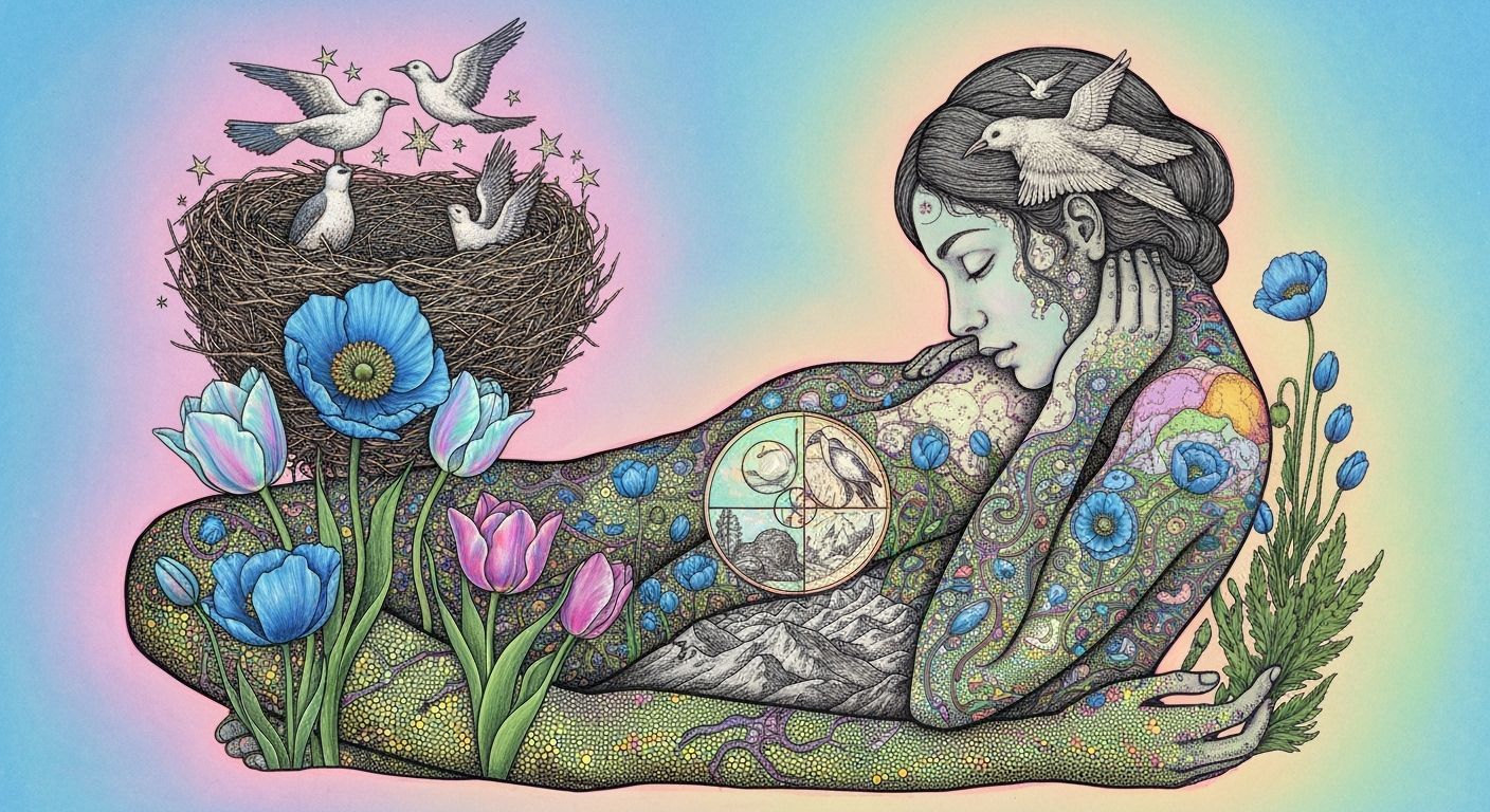 Dreamlike Bioluminescent Woman Carrying Nest of Stars