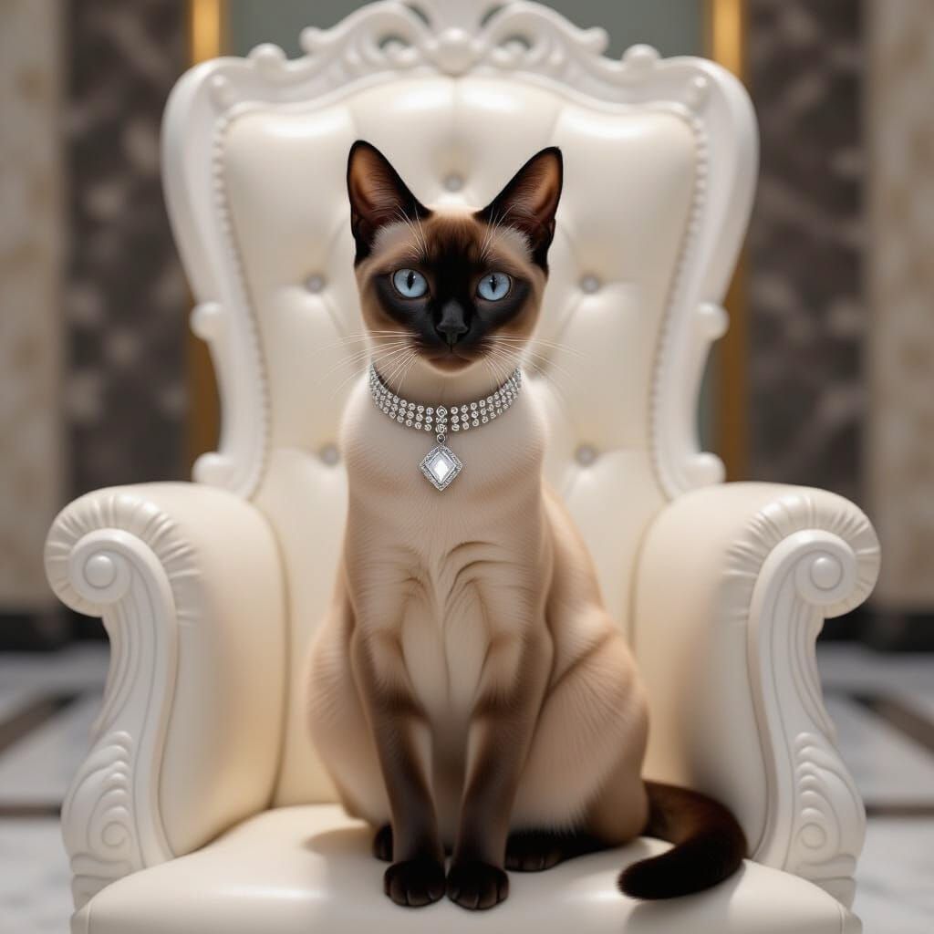 Siamese Cat Queen on Throne in Marble Room