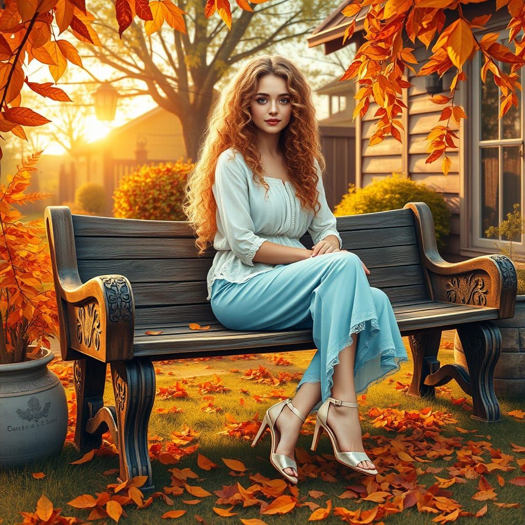 A ravishing woman with curly, honey-blonde hair, cascading down her back like a golden waterfall, sits serenely on a wea...