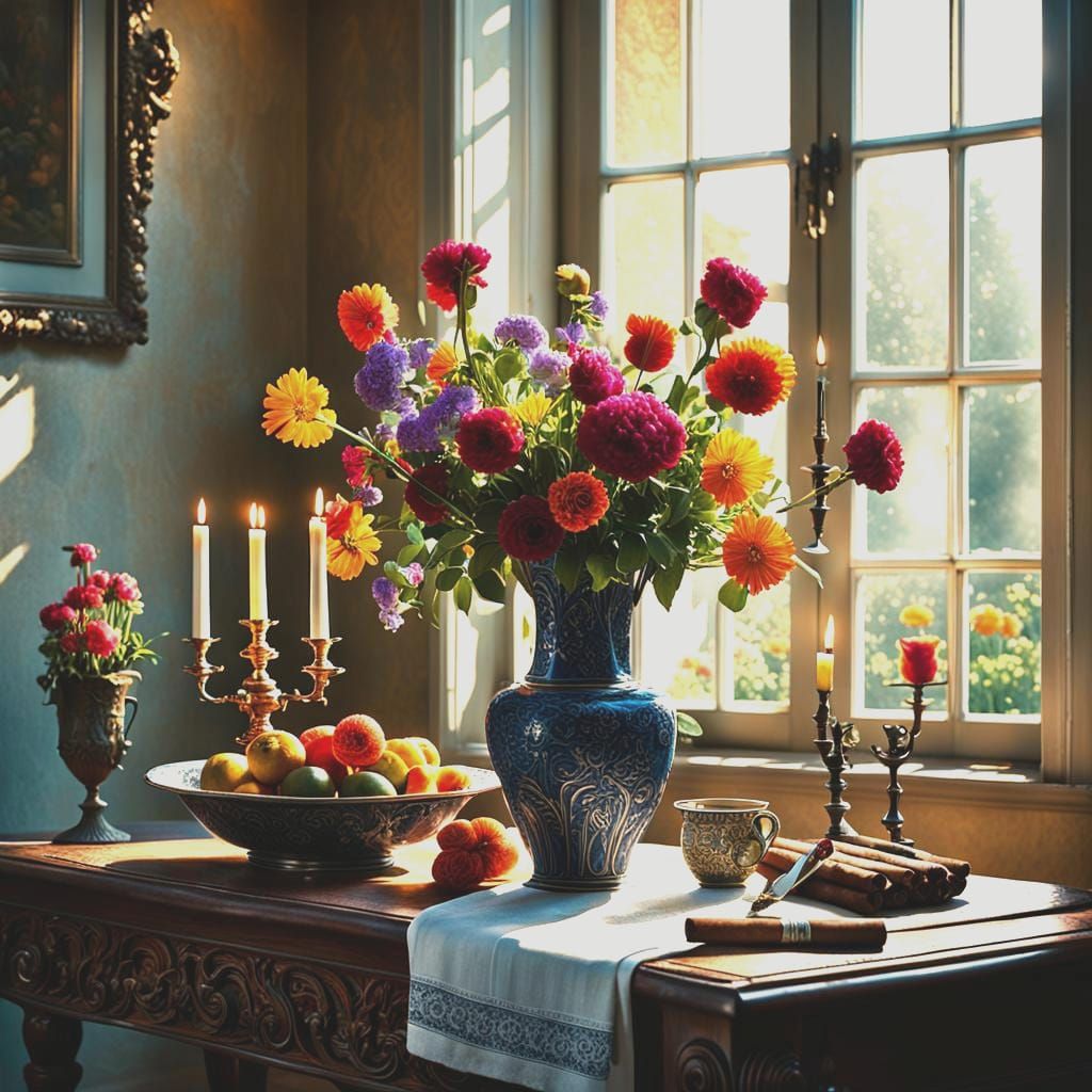 Vintage Floral Still Life by Window