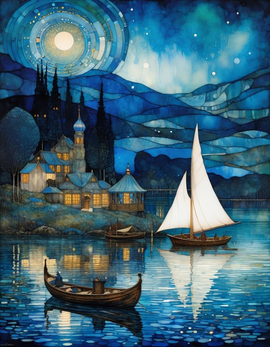 Blue Boat on Lake: Klimt-Inspired Night Scene