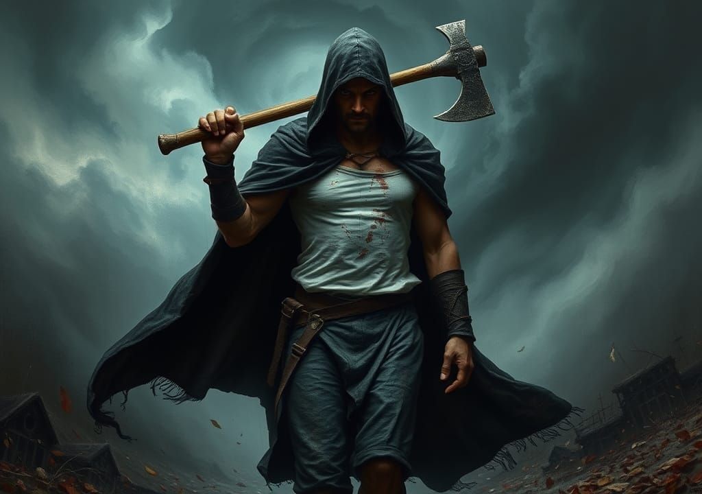 Menacing Executioner with Axe in a Dark Fantasy Landscape