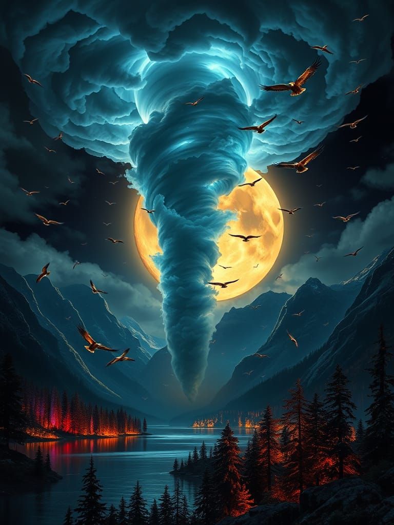 Ethereal Tornado Vortex with Bioluminescent Eagles