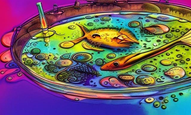 Whimsical Fish Pond Illustration in Comic Book Style