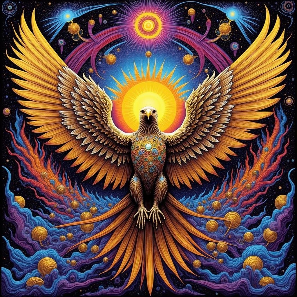 Gilded Eagle Soaring Through Kaleidoscopic Light Vortices