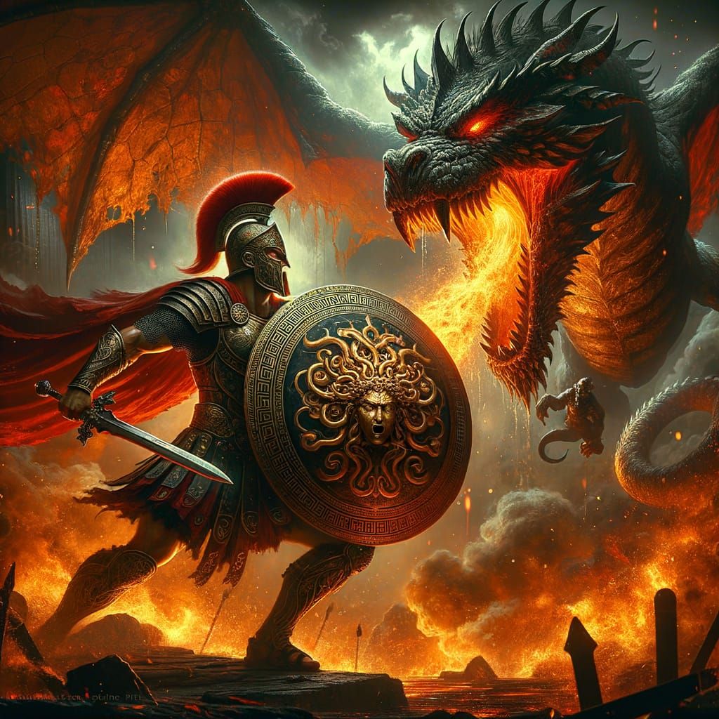 Greek Warrior Confronts Dragon in Fiery Battle