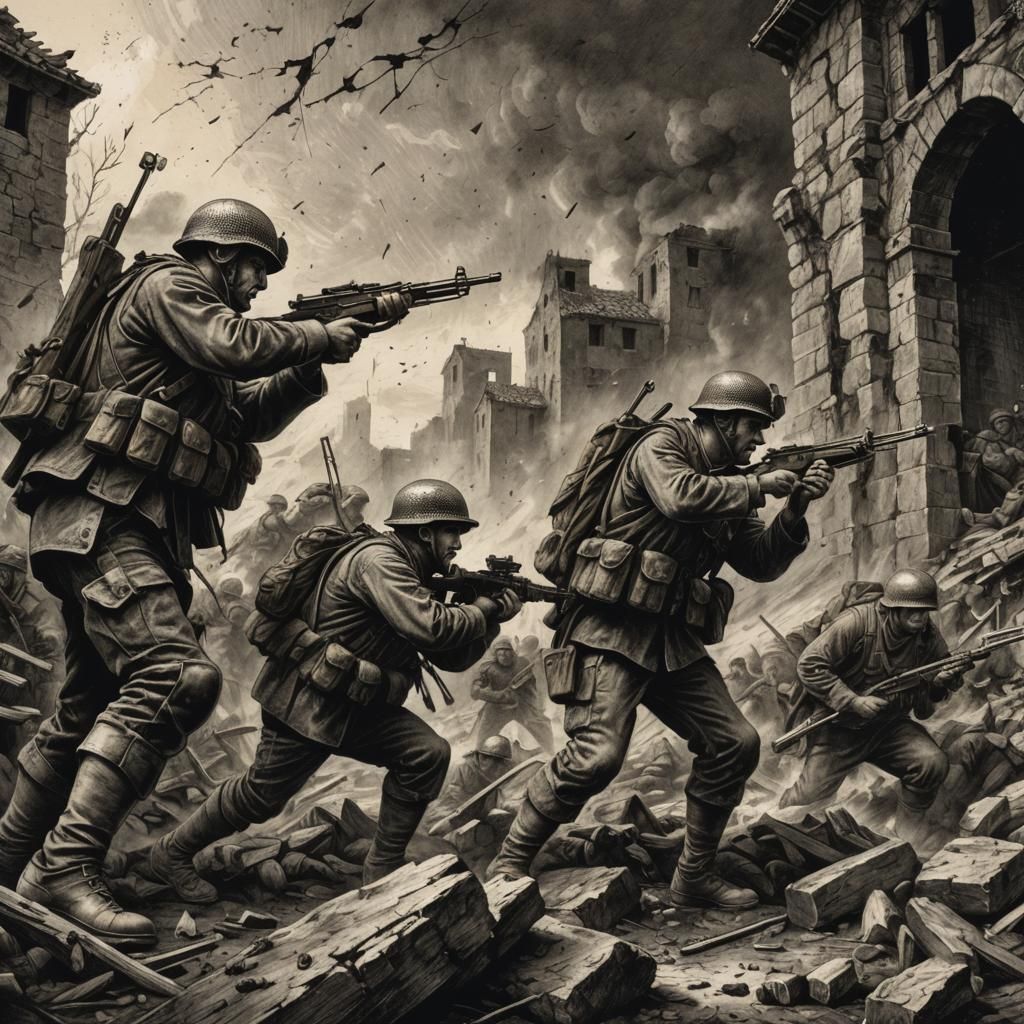 Soldiers in War-Torn Landscape as Etched Engraving