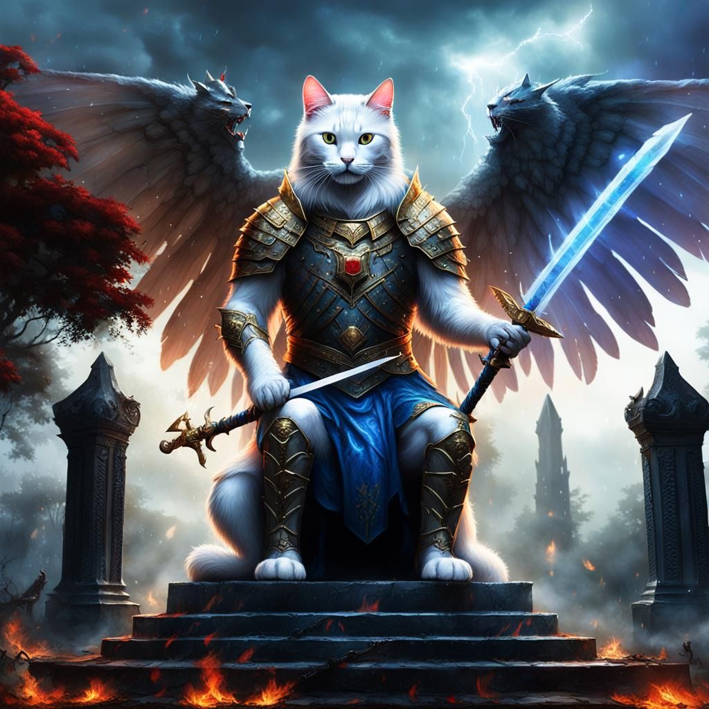 Armored Cat on Throne in Hellish Cemetery
