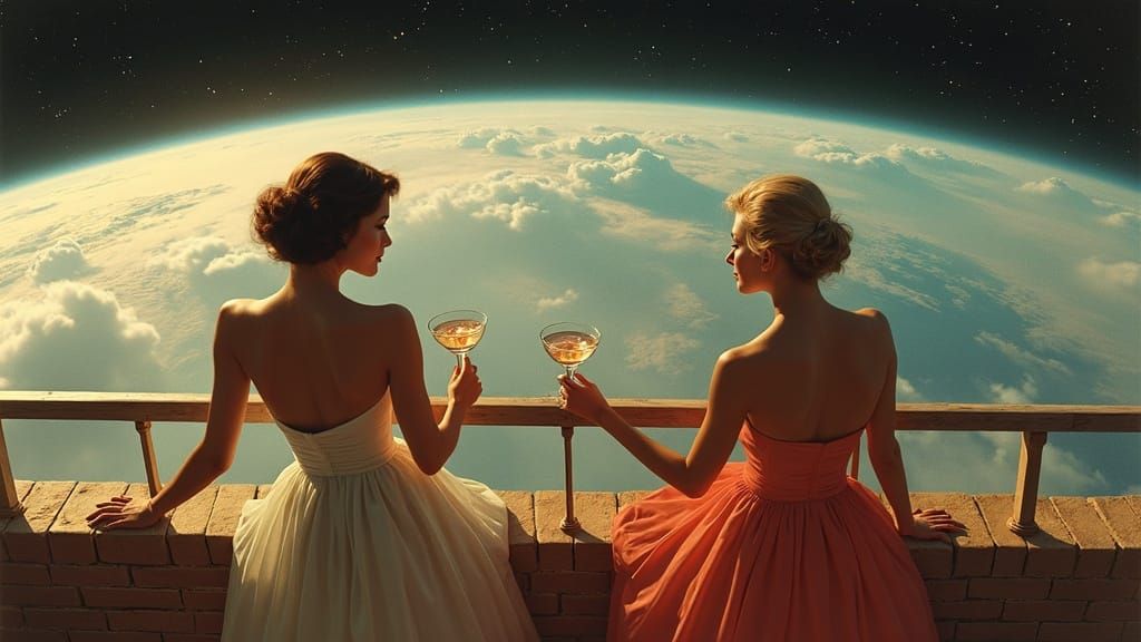 Retro Sci-Fi Women on Atmospheric Porch