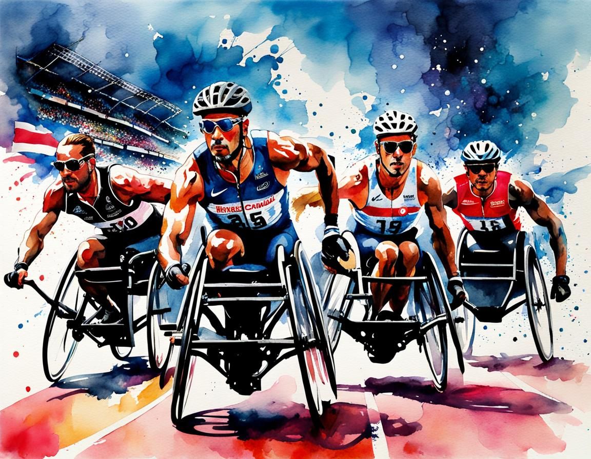 Olympic Wheelchair Racers in Watercolor Ink Style