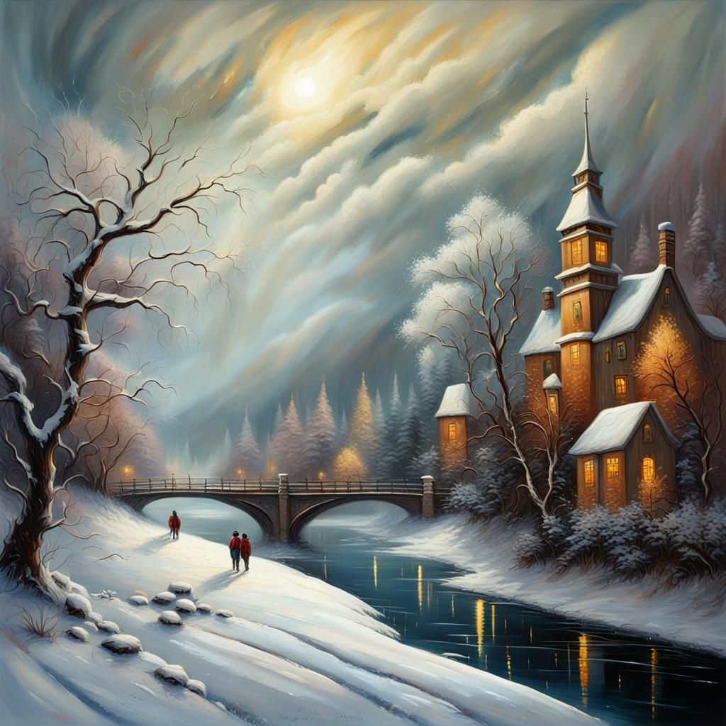 Snowstorm River in Hyperdetailed Oil Painting