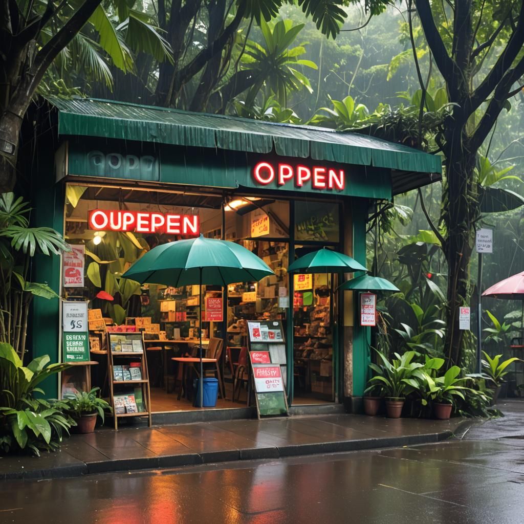 Rainforest Umbrella Shop with Flashing Open Sign
