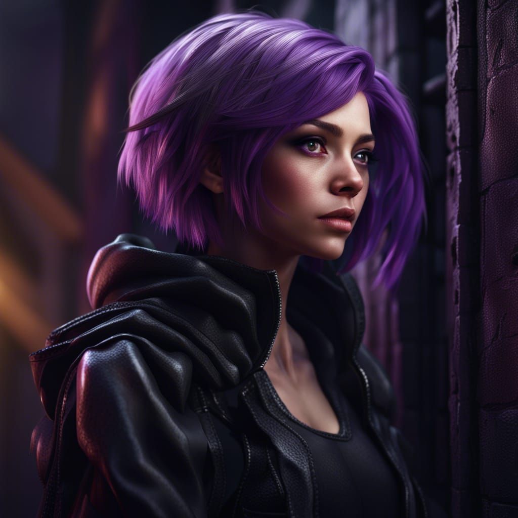 Purple-Haired Girl Portrait in Detailed Matte Style