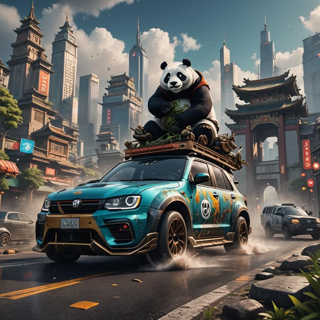 SKYLINE Car with Panda: Detailed Matte Painting
