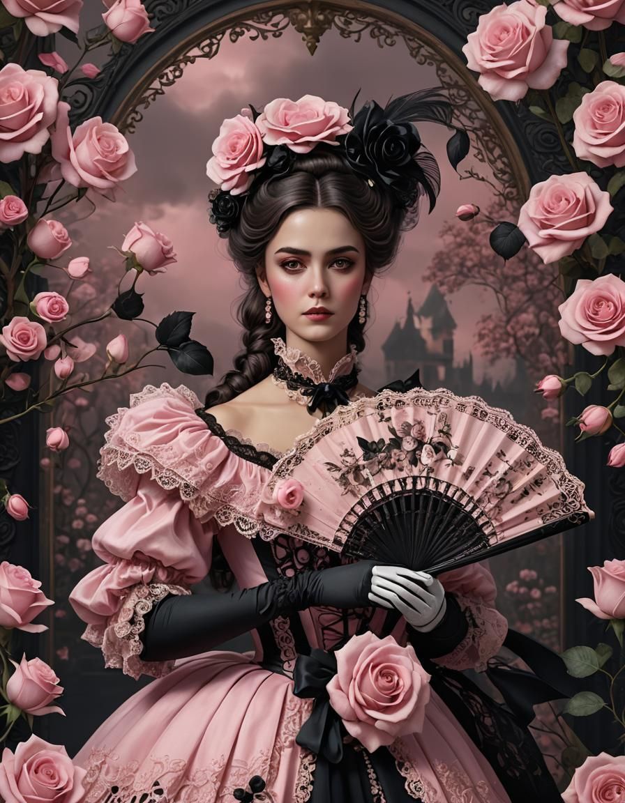 Victorian Woman in Pink and Black Roses Theme