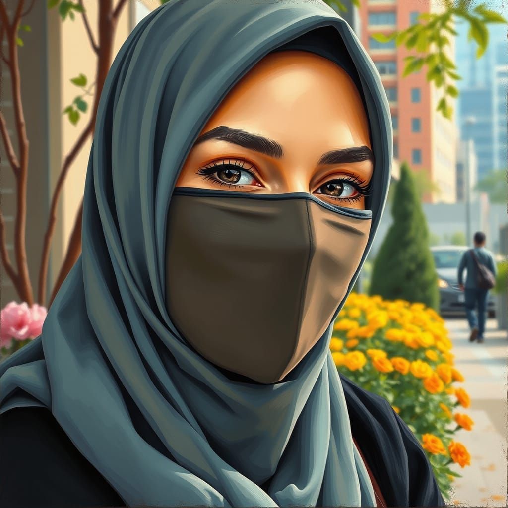 Niqabi Woman in Stylish Outfit Amidst Modern Garden City