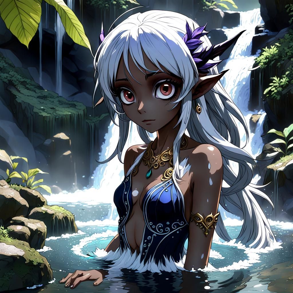 Anime Dark Elf Goddess Bathing in Waterfall
