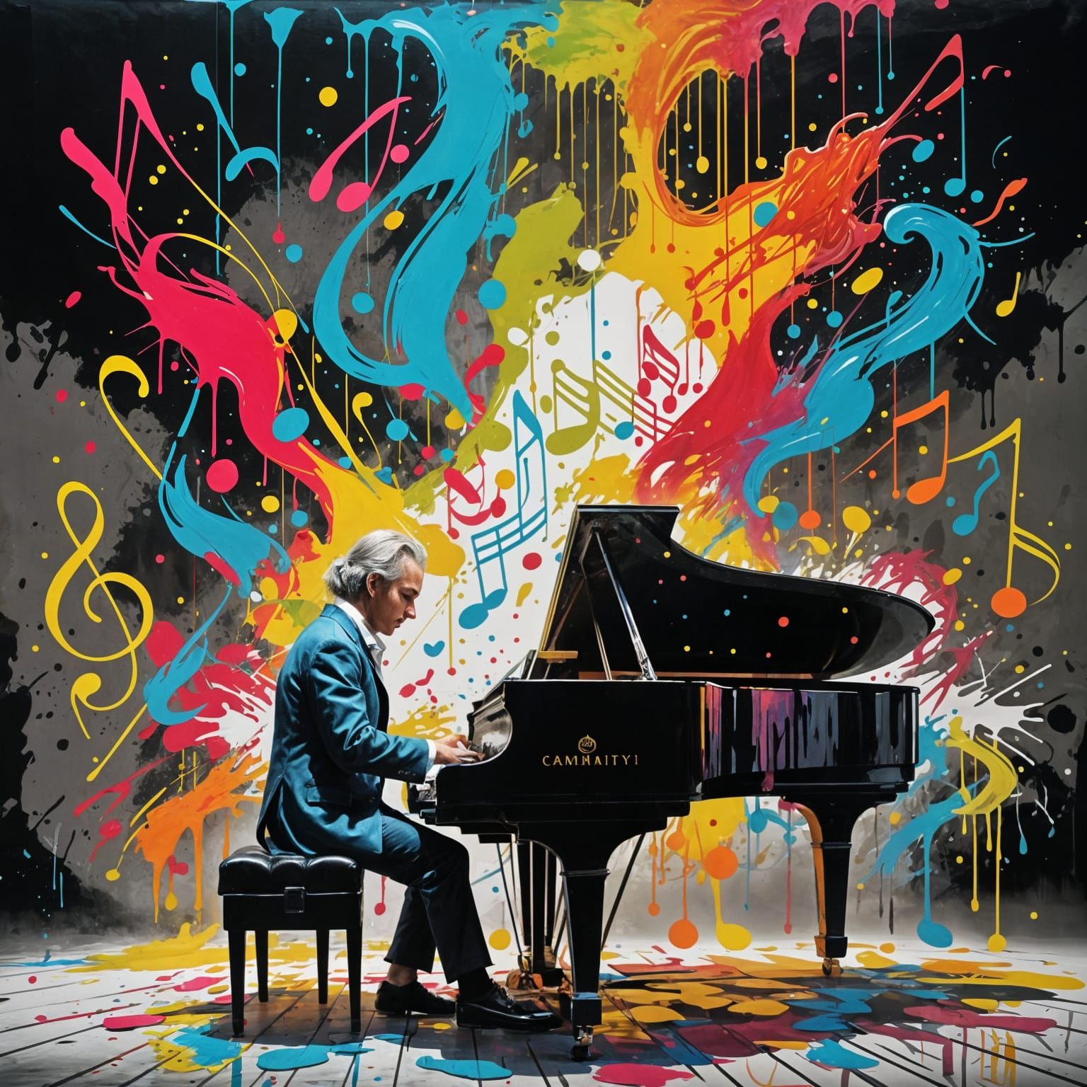 Mozart Plays Piano, Music Notes Dance as Graffiti Art