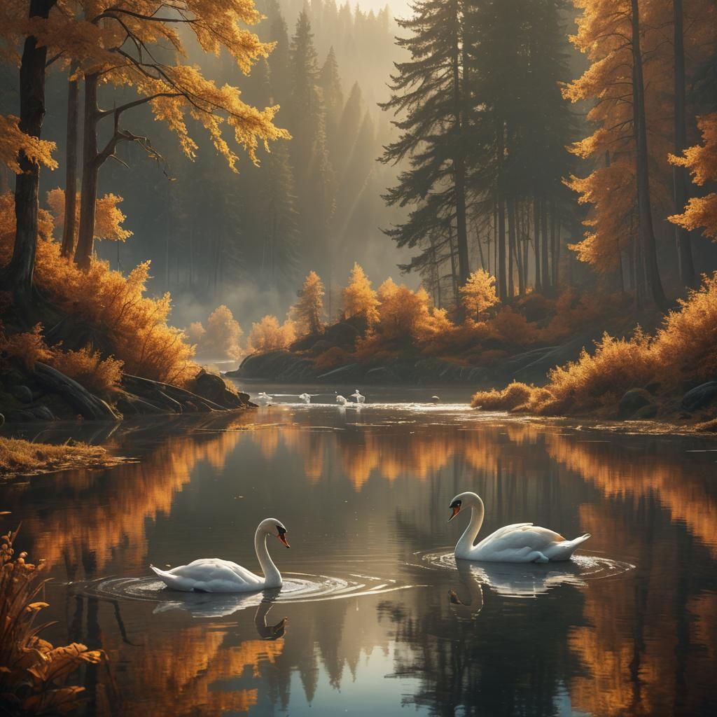 Swan Family in Autumn Forest: Digital Matte Painting