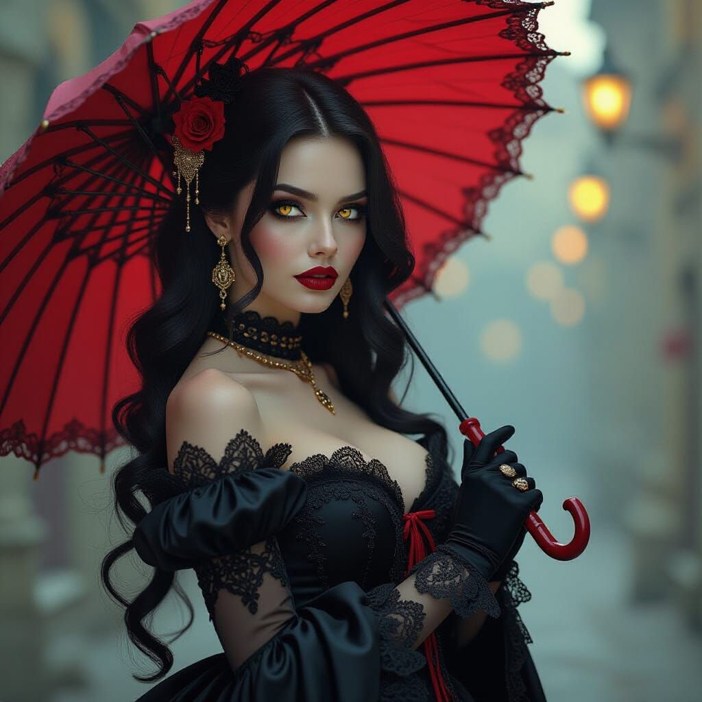 Gothic Lady with Blood Red Parasol in Dark Fantasy