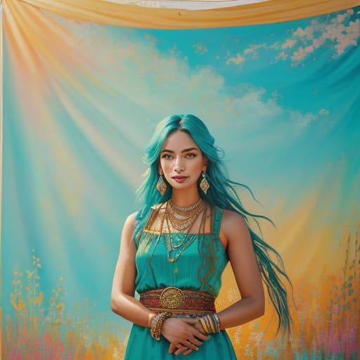 Woman in Turquoise Clothing, Expressive Oil Painting