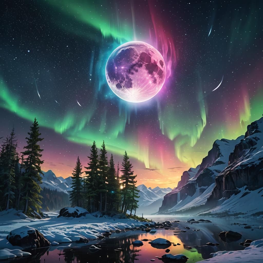 Iridescent Moonlit Sky with Northern Lights