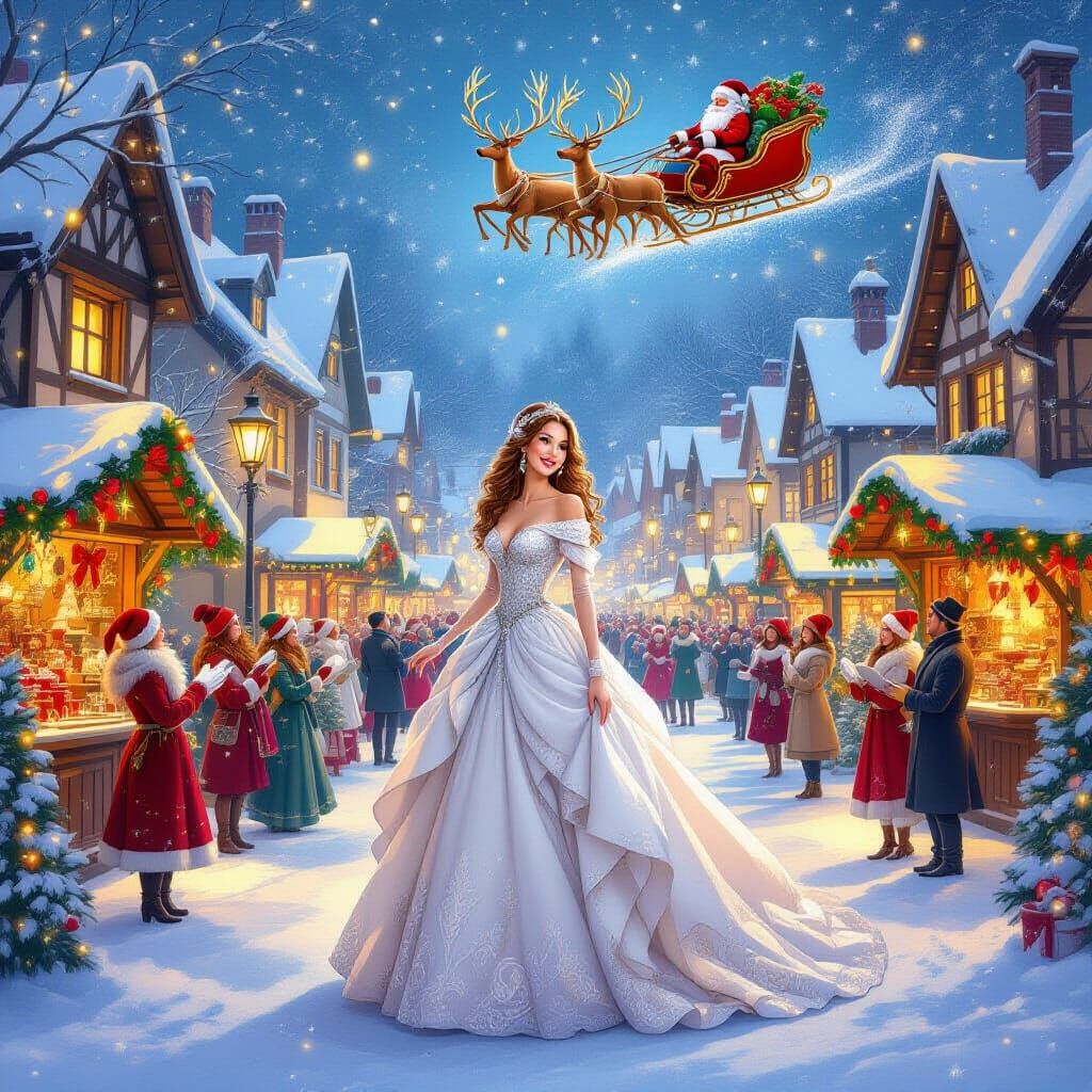 Elegant Woman in Romantic Winter Market Scene