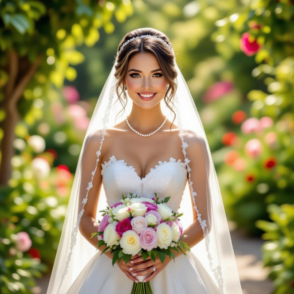 Elegant Bride in Lush Garden, Photorealistic Art Nouveau Sty...