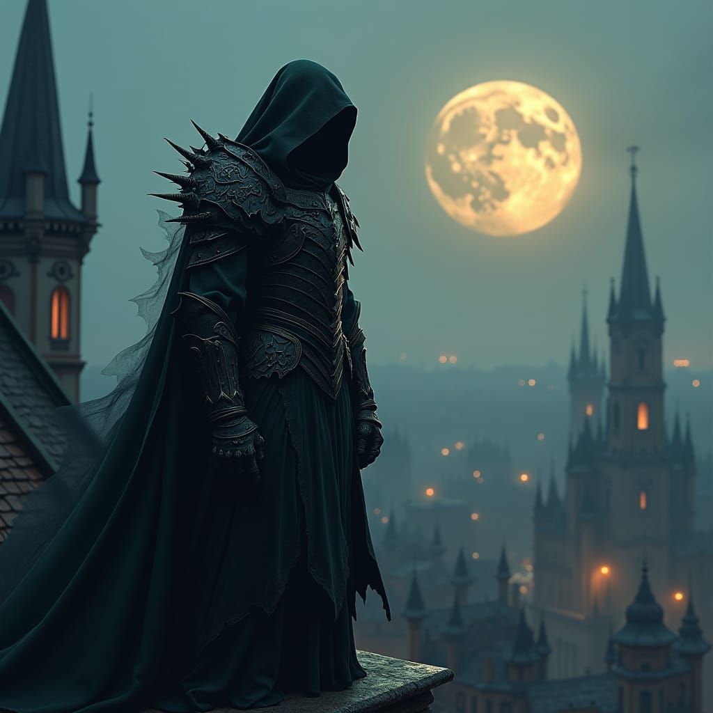 Shadowy Figure on Gothic Rooftop at Dusk