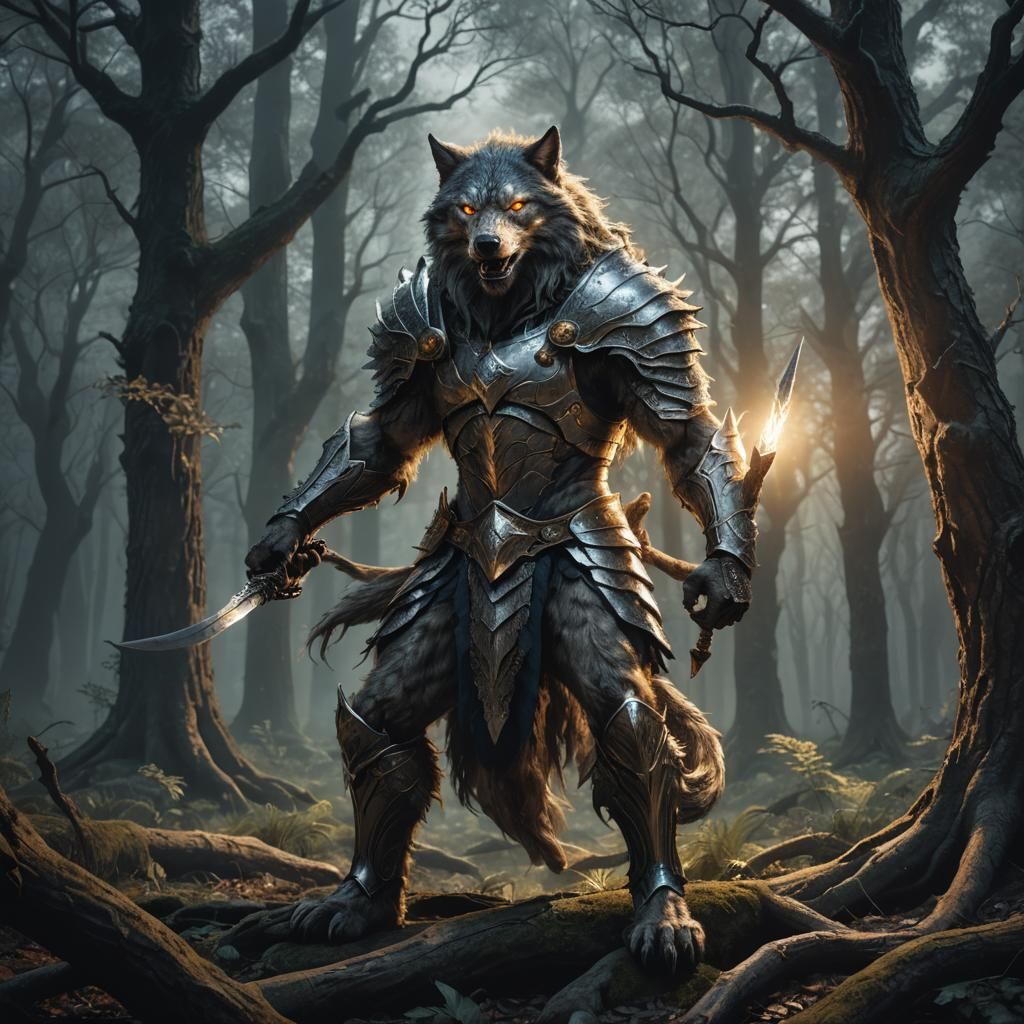Werewolf Warrior in Mystical Forest, Digital Art